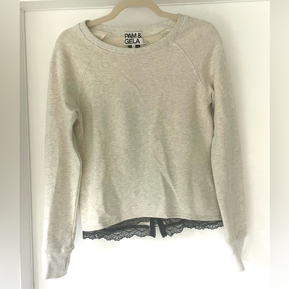 Pam & Gela heather grey sweatshirt with lace lem, zip back, thumbholes, XS/P - Picture 4 of 13
